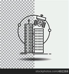 building, smart city, technology, satellite, corporation Line Icon on Transparent Background. Black Icon Vector Illustration. Vector EPS10 Abstract Template background