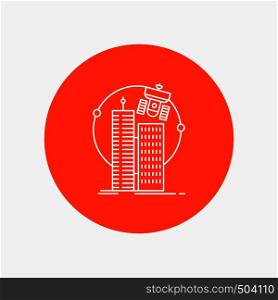 building, smart city, technology, satellite, corporation White Line Icon in Circle background. vector icon illustration. Vector EPS10 Abstract Template background
