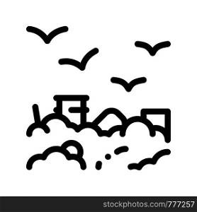 Building Smog And Birds Vector Thin Line Icon. City Town Environmental Pollution, Chemical, Industrial Smog Steam Linear Pictogram. Dirty Soil, Water, Air Contour Illustration. Building Smog And Birds Vector Thin Line Icon