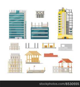 Building. Stages of Modern Building Construction. Building. Set of icons of different processes. Stages of modern building constructions. Unfinished houses. Wall construction. Wooden houses. Making basement. Flat design. Vector illustration