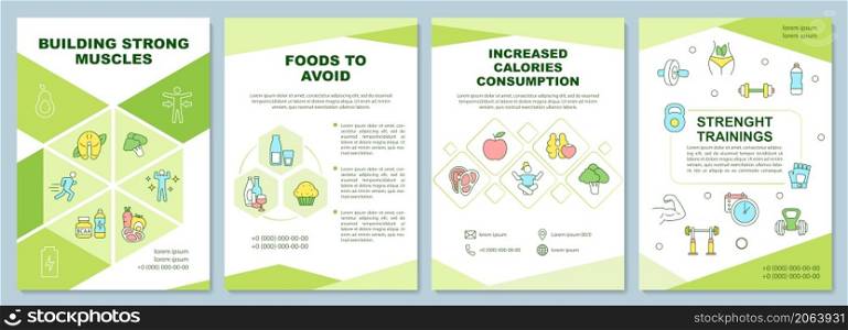 Building strong muscles tips green brochure template. Booklet print design with linear icons. Vector layouts for presentation, annual reports, ads. Arial-Black, Myriad Pro-Regular fonts used. Building strong muscles tips green brochure template