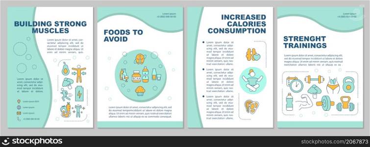 Building strong muscles tips mint brochure template. Booklet print design with linear icons. Vector layouts for presentation, annual reports, ads. Arial, Myriad Pro-Regular fonts used. Building strong muscles tips mint brochure template