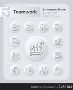 Building successful team embossed icons set. Cooperation. Neumorphism effect. Isolated vector illustrations. Minimalist button design collection. Editable stroke. Montserrat Bold, Light fonts used. Building successful team embossed icons set