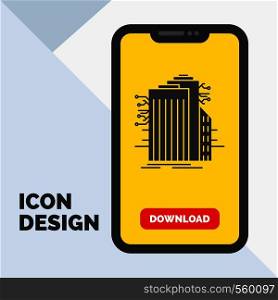 Building, Technology, Smart City, Connected, internet Glyph Icon in Mobile for Download Page. Yellow Background. Vector EPS10 Abstract Template background