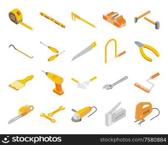 Building tool set of isometric icons and isolated images of professional instruments and pieces of equipment vector illustration
