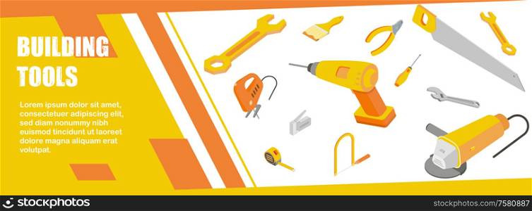 Building tools banner isometric background with editable text and isolated images of flying instruments construction equipment vector illustration