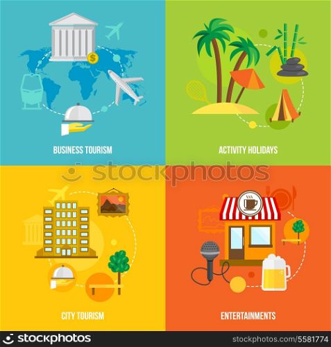 Building tourism icons flat set of business activity holidays city entertainments isolated vector illustration