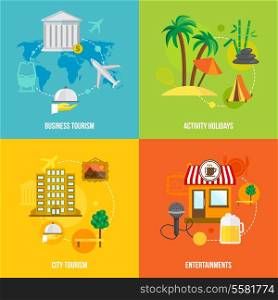 Building tourism icons flat set of business activity holidays city entertainments isolated vector illustration