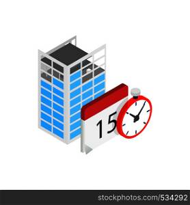 Building under construction, calendar and clock icon in isometric 3d style on a white background. Building under construction, calendar, clock icon