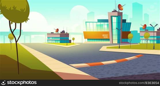 Building University of Science. College campus graduate school exterior educational institution with huge glass windows and satellite antenna on summer landscape background Cartoon vector illustration. Building University of Science. College campus
