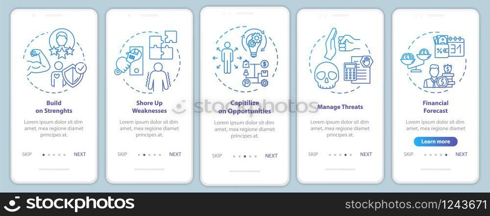 Building up strength onboarding mobile app page screen with concepts. Money growth. Management walkthrough 5 steps graphic instructions. UI vector template with RGB color illustrations