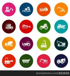 Building vehicles icons many colors set isolated on white for digital marketing. Building vehicles icons many colors set