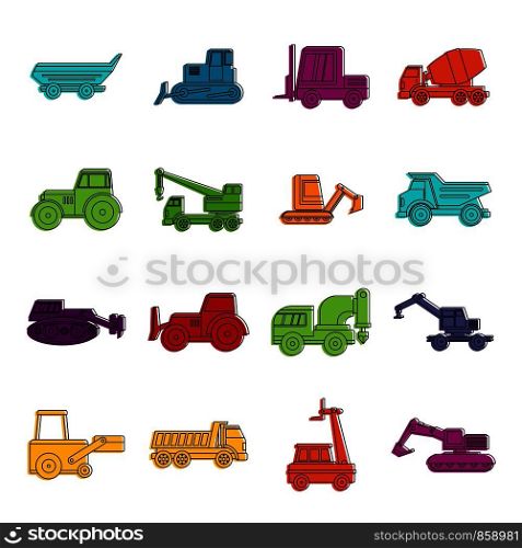 Building vehicles icons set. Doodle illustration of vector icons isolated on white background for any web design. Building vehicles icons doodle set