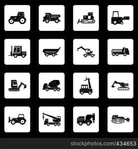 Building vehicles icons set in white squares on black background simple style vector illustration. Building vehicles icons set squares vector
