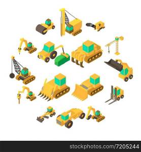 Building vehicles icons set. Isometric cartoon illustration of 16 building vehicles vector icons for web. Building vehicles icons set, isometric style