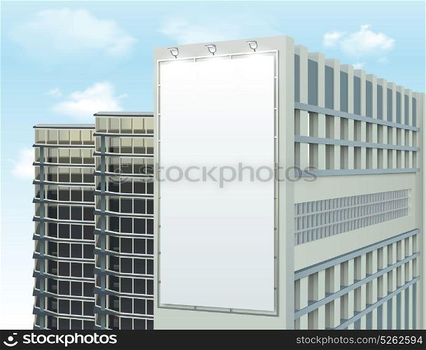 Building Wall Ad Space Composition. Billboard on building cityscape composition with gable facade and blank vertical rectangular banner with ad space vector illustration