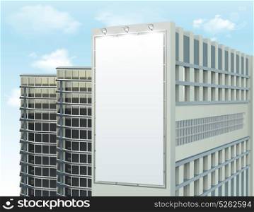 Building Wall Ad Space Composition. Billboard on building cityscape composition with gable facade and blank vertical rectangular banner with ad space vector illustration