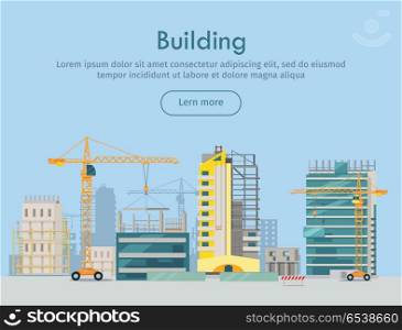 Building Web Banner. Skyscraper. Floors with Glass. Building web banner. Skyscraper. Floors with glass. Rows and columns of metal. Skyscraper city infrastructure. Construction area with crane. Rows and columns of metal. Modern architecture. Vector