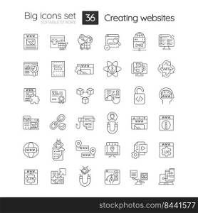 Building website linear icons set. Web traffic. Information architecture. Content. Customizable thin line symbols. Isolated vector outline illustrations. Editable stroke. Quicksand-Light font used. Building website linear icons set