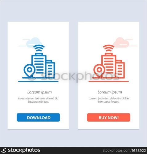 Building, Wifi, Location  Blue and Red Download and Buy Now web Widget Card Template
