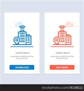 Building, Wifi, Location Blue and Red Download and Buy Now web Widget Card Template