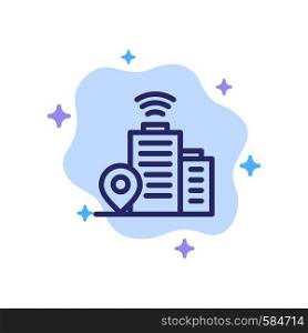 Building, Wifi, Location Blue Icon on Abstract Cloud Background