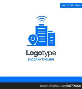 Building, Wifi, Location Blue Solid Logo Template. Place for Tagline