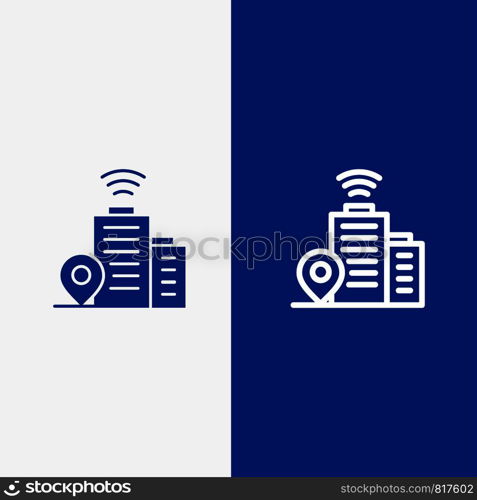 Building, Wifi, Location Line and Glyph Solid icon Blue banner Line and Glyph Solid icon Blue banner