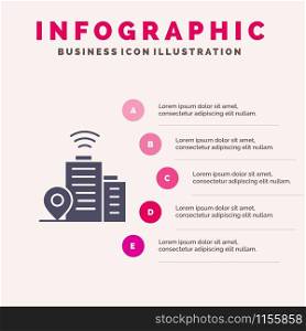 Building, Wifi, Location Solid Icon Infographics 5 Steps Presentation Background