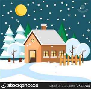 Building with chimney and roof covered with snow. Winter in city or village. Night town with moon at sky and snowfall. Landscape with pine trees and snowy hills estate in countryside flat style vector. House in Rural Area at Winter Night Town Building