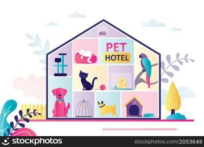 Building with different domestic animals. Hotel for pets filled with dogs, cats, parrot and hamsters. Concept of petcare, business and vacation. Banner in trendy style. Flat vector illustration. Building with different domestic animals. Hotel for pets filled with dogs, cats, parrot and hamsters