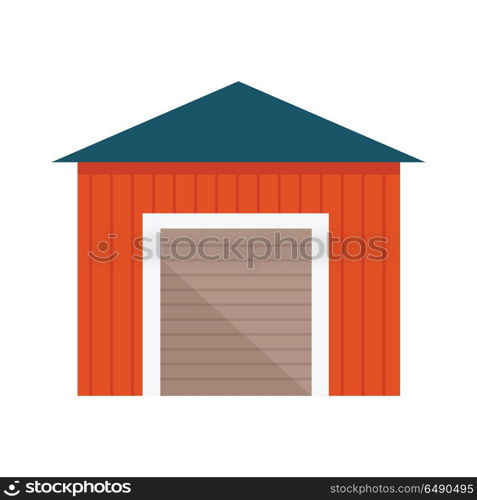 Building with lift gates vector. Flat design. Constructions on farm. Wooden garage, warehouse, barn illustration for agricultural theme illustrating, app icons, ad, infographics. Isolated on white. . Building with Lift Gates Vector Illustration. . Building with Lift Gates Vector Illustration.