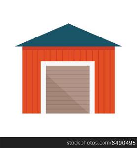 Building with lift gates vector. Flat design. Constructions on farm. Wooden garage, warehouse, barn illustration for agricultural theme illustrating, app icons, ad, infographics. Isolated on white. . Building with Lift Gates Vector Illustration. . Building with Lift Gates Vector Illustration.
