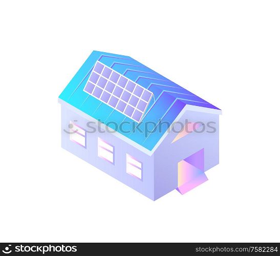 Building with solar batteries on roof installed vector. Isolated icon of construction with alternative energy, structure with power plant from sun. Building with Solar Batteries on Roof Installed