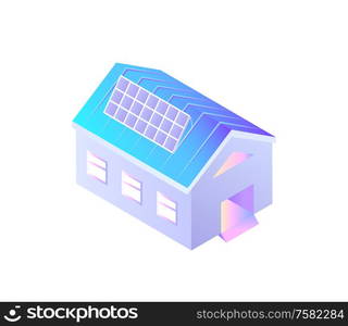 Building with solar batteries on roof installed vector. Isolated icon of construction with alternative energy, structure with power plant from sun. Building with Solar Batteries on Roof Installed