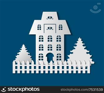 Building with wooden fence and pine tree growing by home vector. Town house of old fashioned style. Apartment paper cut, Christmas winter time cutout. Building with Fence and Pine Tree Growing by Home