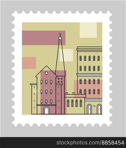Buildings and architecture of city, postmark or postcard with houses and apartments, ancient landmarks and monuments. Postal mark or card mail correspondence. Vector in flat style illustration. Cityscape with architecture and buildings postmark