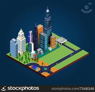 Buildings and district build poster with houses and skyscrapers greenery and trees, roads and cars, vector illustration isolated on blue background. Buildings and District Build Vector Illustration