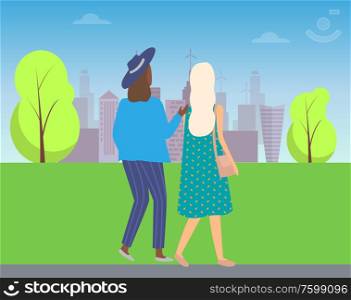 Buildings and people on walk, girl with sack and in hat. Vector two friends women back view walking in city park, vector trees and grass, summertime. Buildings and People on Walk, Girl in Hat Outdoors