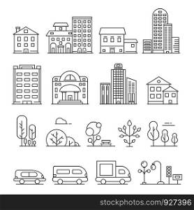 Buildings and urban objects. Vector linear pictures of cars, house and urban trees. Illustration of urban house architecture, construction and transport. Buildings and urban objects. Vector linear pictures of cars, house and urban trees