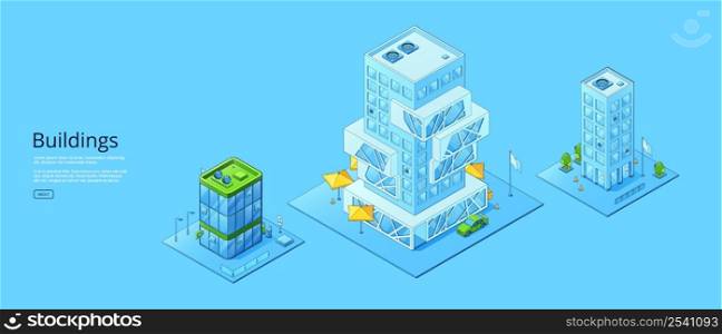 Buildings banner with isometric modern office, hotel and store. Vector horizontal poster of modern urban architecture, exterior of business and commercial buildings isolated on blue background. Buildings banner with isometric office, hotel