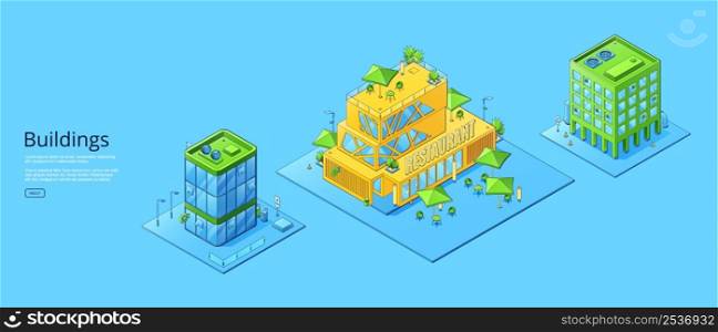 Buildings banner with isometric restaurant, office and store isolated on blue background. Vector horizontal poster of modern city architecture with facade of business and commercial buildings. Buildings banner with isometric restaurant, office