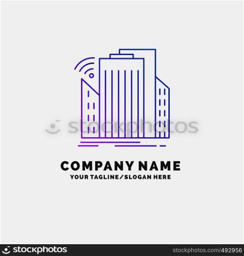 Buildings, city, sensor, smart, urban Purple Business Logo Template. Place for Tagline. Vector EPS10 Abstract Template background