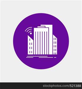 Buildings, city, sensor, smart, urban White Glyph Icon in Circle. Vector Button illustration. Vector EPS10 Abstract Template background