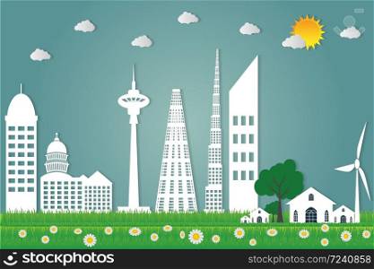 buildings cityscape ecology,Wind turbines with trees and sun clean energy eco-friendly concept ideas.vector illustration