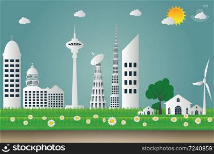 buildings cityscape ecology,Wind turbines with trees and sun clean energy eco-friendly concept ideas.vector illustration