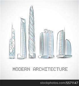 Buildings collection of modern skyscrapers isolated sketch vector illustration