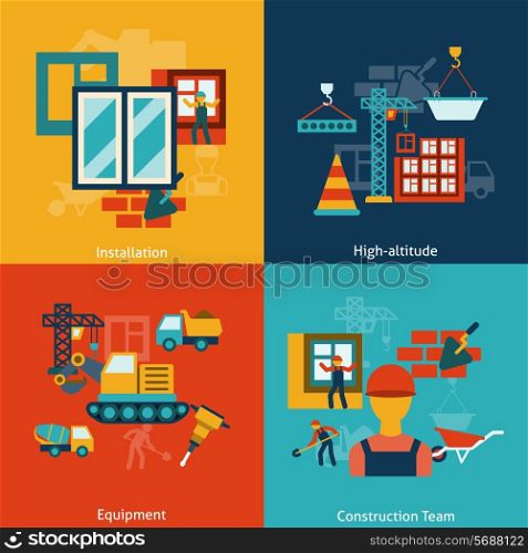 Buildings construction installation equipment work at heights team flat icons infographic composition vector isolated illustration
