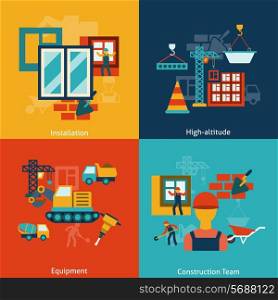 Buildings construction installation equipment work at heights team flat icons infographic composition vector isolated illustration