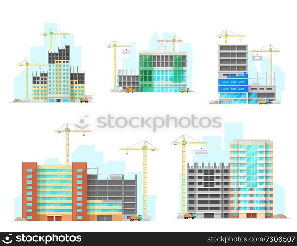 Buildings construction site, vector flat icons. Unfinished house and skyscrapers under construction process. City commercial and residential real estate building industry, cranes and cement trucks. Buildings construction site flat icons
